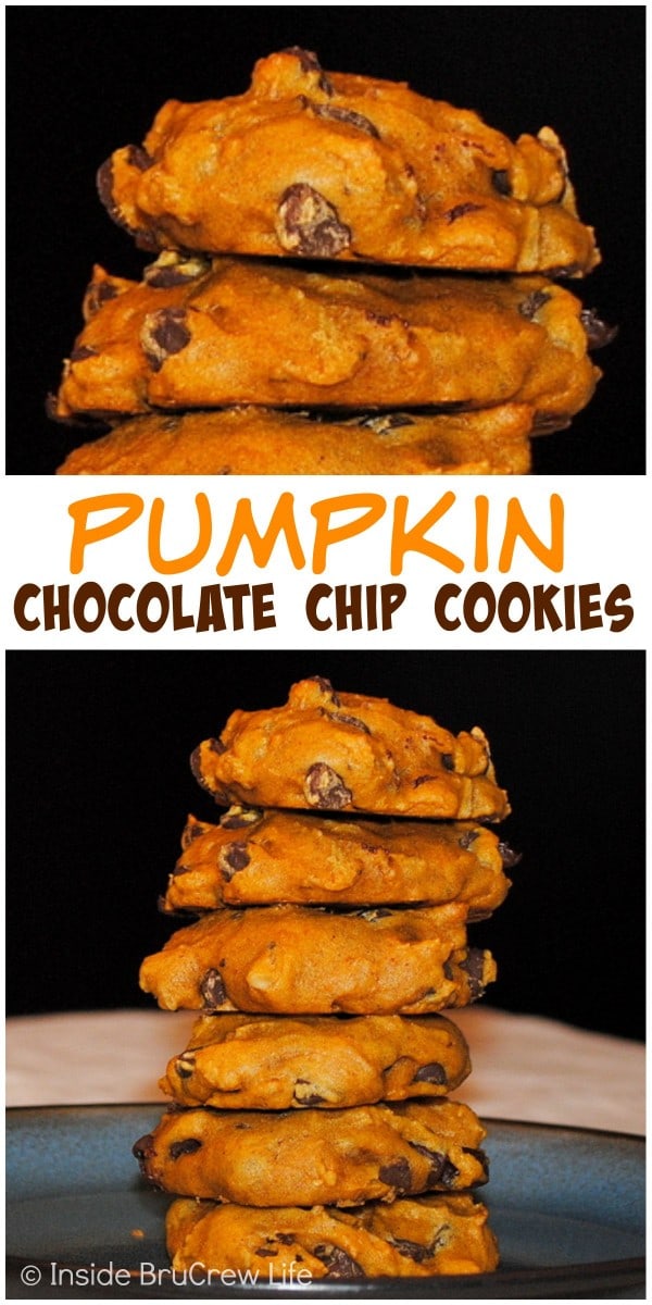 Pumpkin Chocolate Chip Cookies - these soft pumpkin cookies are loaded with lots of chocolate chips. Awesome fall dessert recipe! Pumpkin Chocolate Chip Cookies - these soft pumpkin cookies are loaded with lots of chocolate chips. Awesome fall dessert recipe!