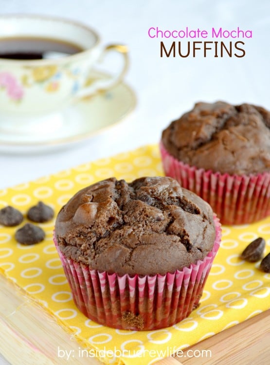Chocolate muffins with a hit of coffee makes these mocha breakfast treats irresistible! Chocolate muffins with a hit of coffee makes these mocha breakfast treats irresistible!