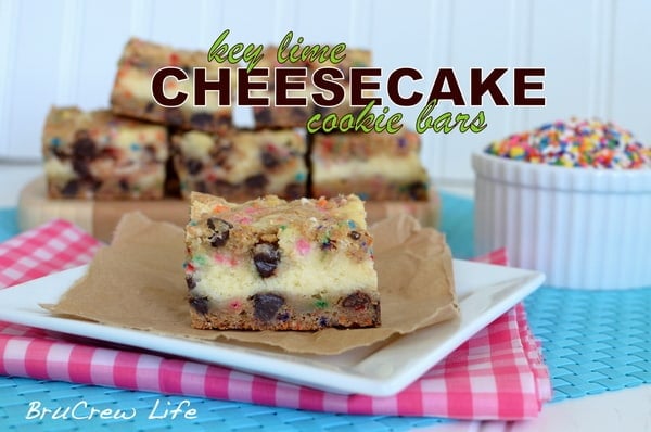 Key Lime Cheesecake Cookie Bars | Inside BruCrew Life - chocolate chip cookie bars with a key lime cheesecake center #cheesecake #cookies Key Lime Cheescake cookie bars, cookie bars, funfetti cheesecake bars, funfetti cookies