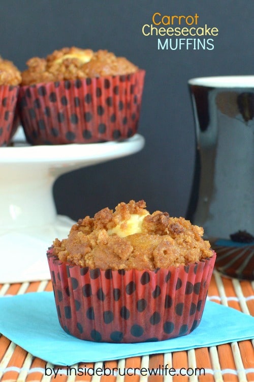 Carrots, cheesecake, and a cereal crumble make these a delicious muffin choice for breakfast. Carrots, cheesecake, and a cereal crumble make these a delicious muffin choice for breakfast.