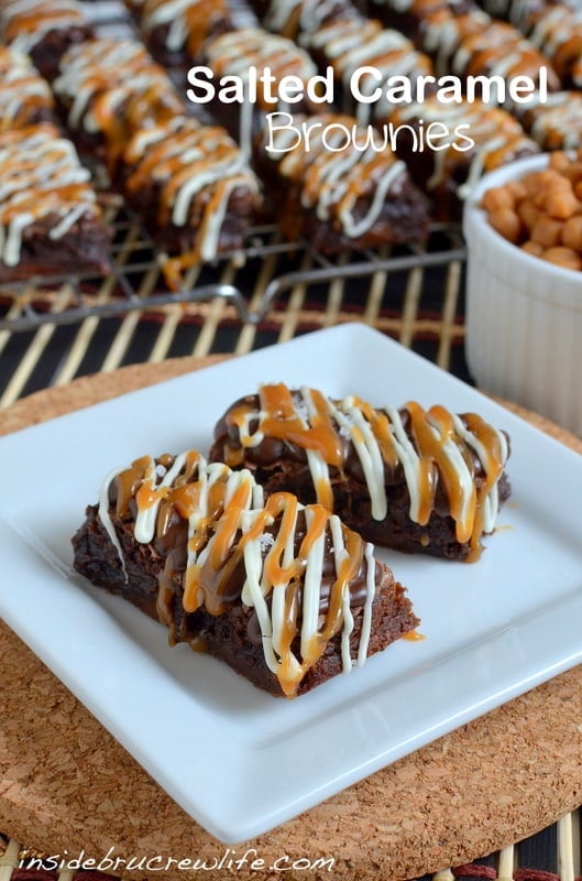 Salted Caramel Brownies - decadent brownies with caramel candies inside and salted caramel and chocolate on top http://www.insidebrucrewlife.com