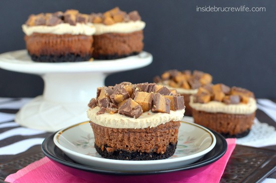 Chocolate Reese's Cheesecake | Inside BruCrew Life - chocolate cheesecake with a peanut butter mousse and Reese's peanut butter cups topping #cheesecake #Reeses #hersheys Chocolate Reese's Cheesecake, Reese's, Hershey's, peanut butter cups, chocolate cheesecake