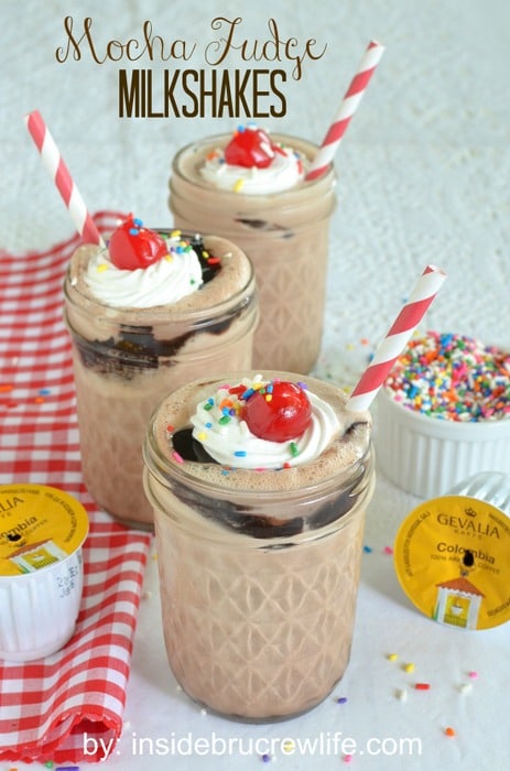 Mocha Fudge Milkshakes - chocolate and vanilla milkshake made with #Gevalia K-cups coffee and topped with hot fudge and Cool Whip #CupofKaffe