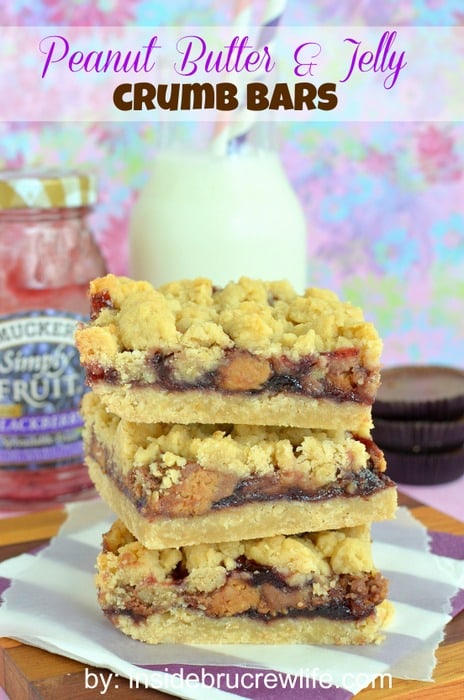 Peanut Butter & Jelly Crumb Bars from Inside BruCrew Life - crumb bars filled with Reese's peanut butter cups and blackberry jelly #peanutbutter #jelly #reeses Peanut Butter & Jelly Crumb Bars from Inside BruCrew Life - crumb bars filled with Reese's peanut butter cups and blackberry jelly #peanutbutter #jelly #reeses
