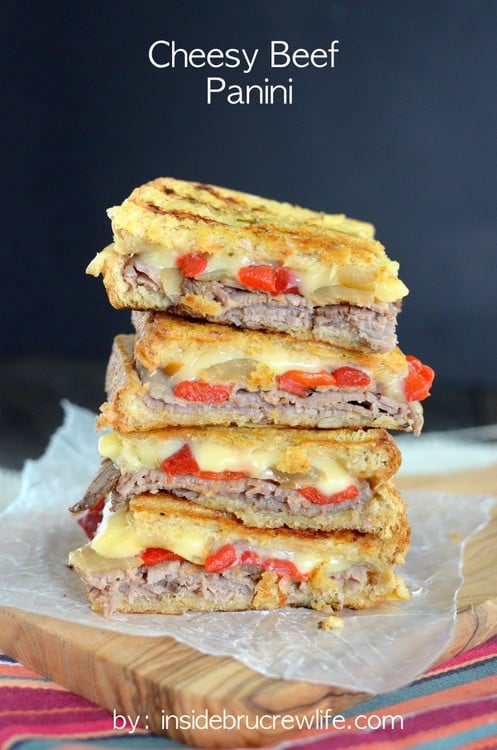 Cheesy Beef Panini - roast beef, melty cheese, onions, peppers, and garlic toasted in a toasted panini sandwich