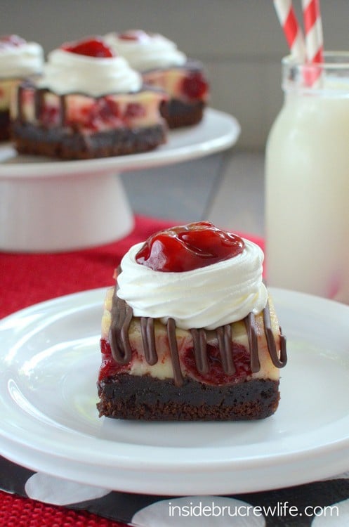 Cherry Cheesecake Brownies - fudge brownies topped with a cherry swirl cheesecake layer
