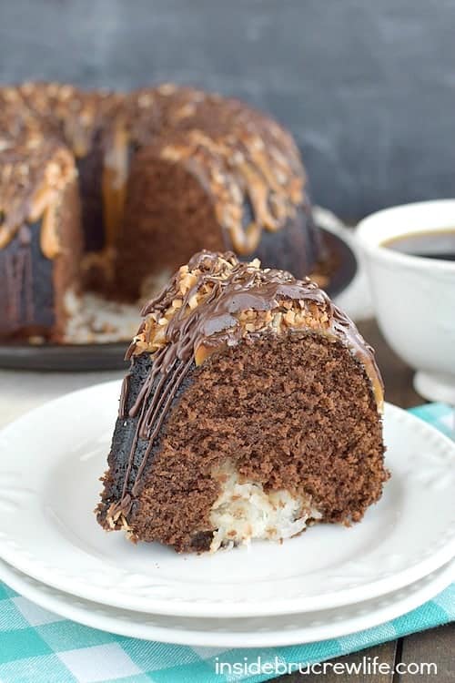 Chocolate and caramel drizzles turn this Chocolate Coconut Cake into a dessert master piece.  It is absolutely amazing!