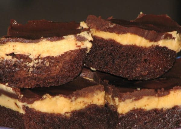 Chocolate brownies with a peanut butter and chocolate topping.