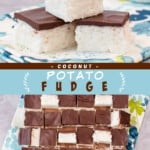 Two pictures of potato fudge with a blue text box.