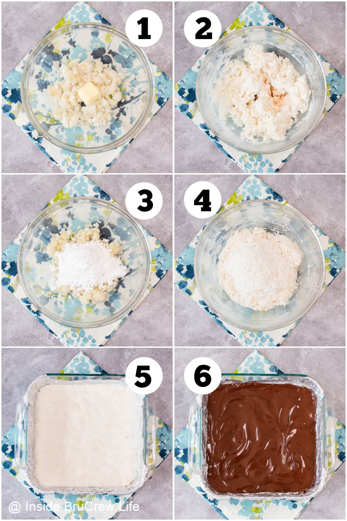 Six pictures collaged together showing how to make chocolate topped coconut potato fudge.