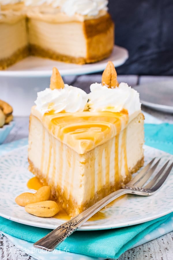 Caramel Cashew Cheesecake - caramel drizzles, caramel cream, and caramel cheesecake gives this homemade cheesecake an impressive look and flavor. Great recipe for parties or events! #cheesecake #caramel #homemadewhippedcream #recipe #cashews