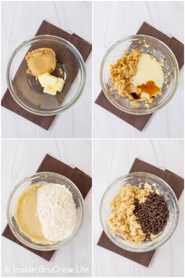 Four pictures collaged together showing how to make chocolate chip cookie dough truffles.