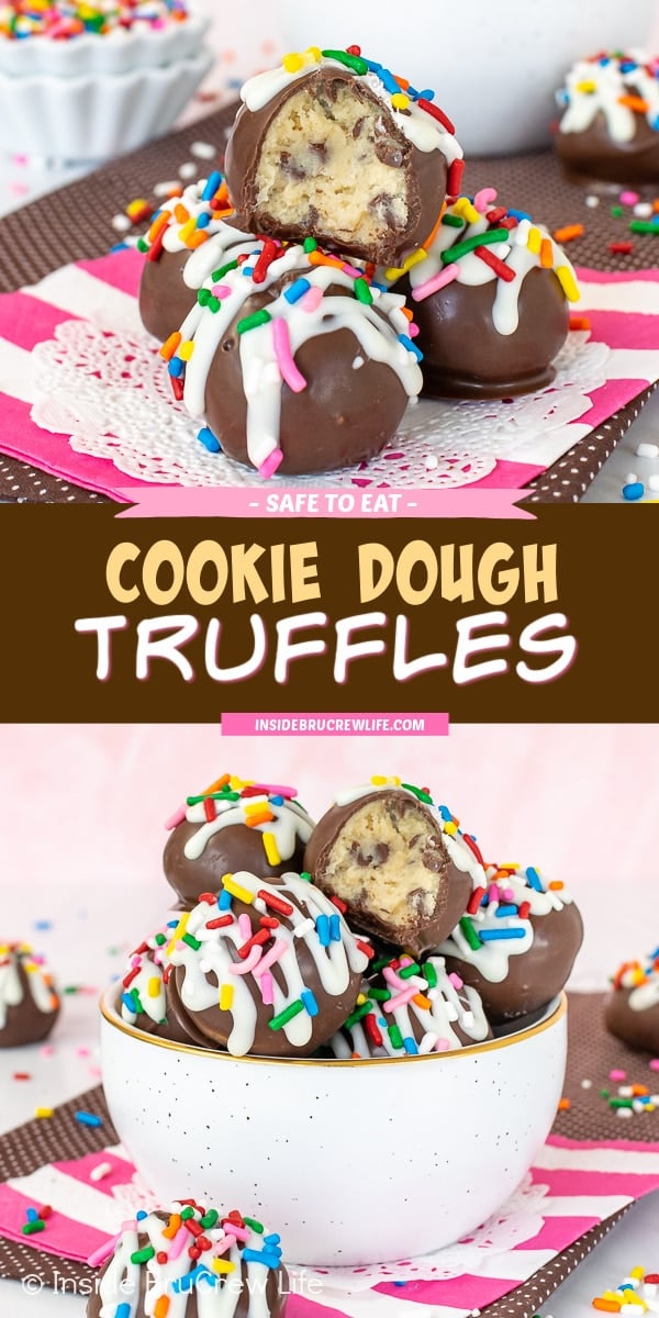 Two pictures of cookie dough truffles collaged together with a dark brown text box.