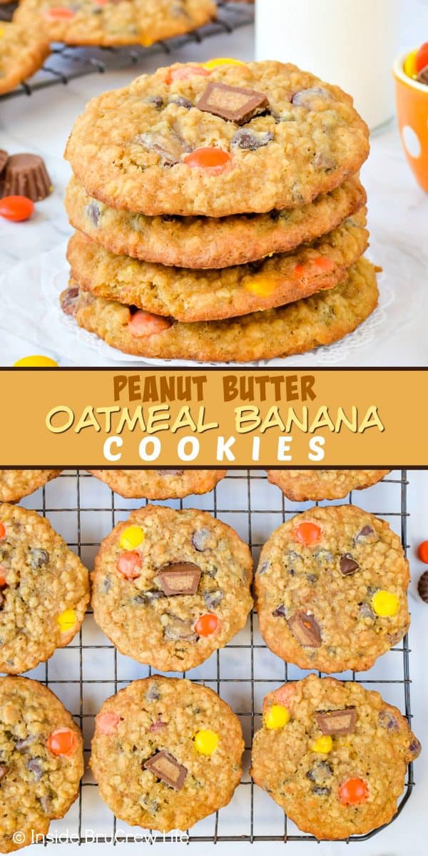 Two pictures of peanut butter oatmeal banana cookies collaged together with a tan text box