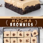 Two pictures of mocha brownies collaged with a brown text box.