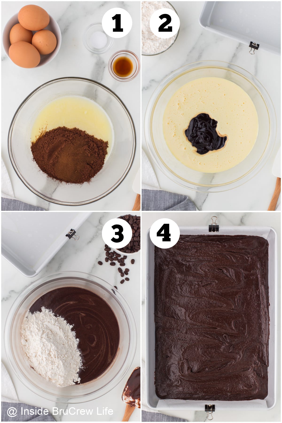 Four pictures collaged together showing how to make homemade brownie batter.