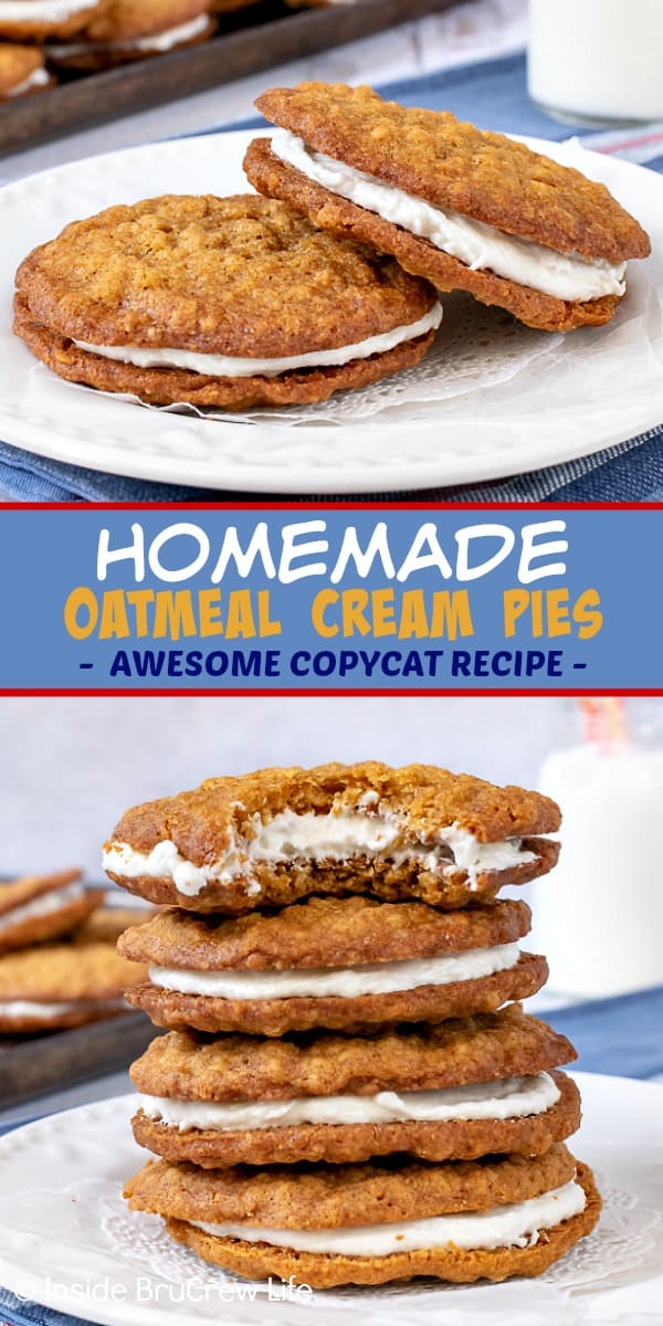 Two pictures of homemade oatmeal cream pies collaged together with a blue text box.