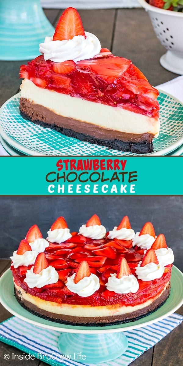 Two pictures of Strawberry Chocolate Cheesecake collaged together with a teal text box
