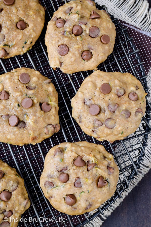 Overhead picture of chocolate chip zucchini cookies on a wire rack.