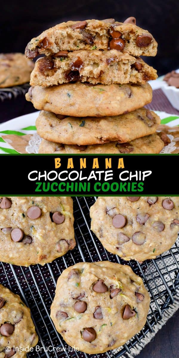 Two pictures of banana chocolate chip zucchini cookies collaged together with a black text box.