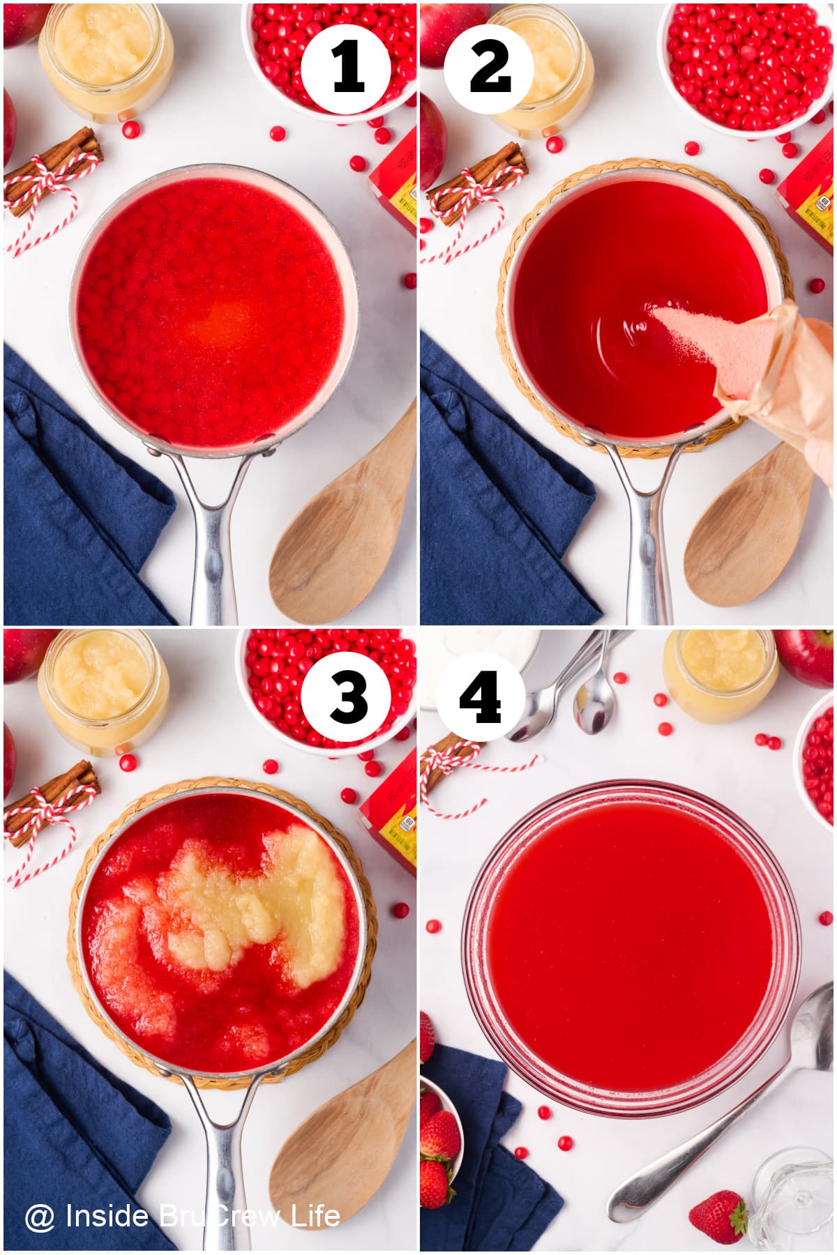 Four pictures collaged together showing how to make cinnamon applesauce Jello.