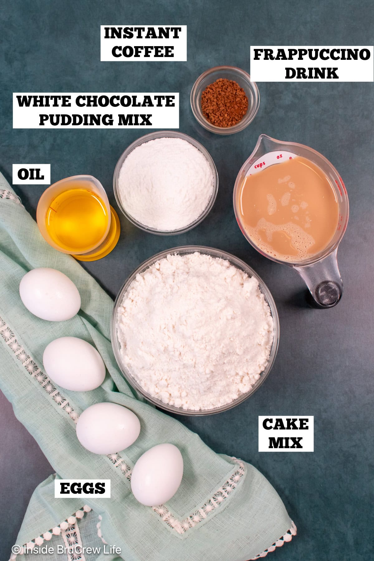 Bowls of ingredients needed to make white mocha frappuccino cupcakes.