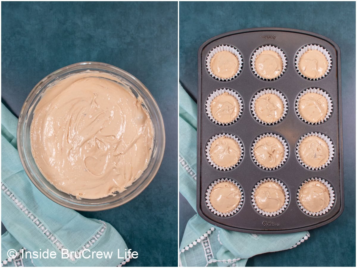 Two photos collaged together showing cupcake batter in a bowl and in a muffin pan.