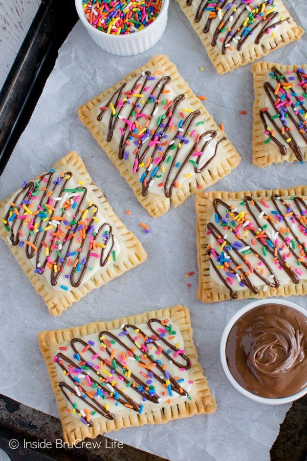 Overhead picture of Nutella pop tarts on a sheet pan lined with parchment paper