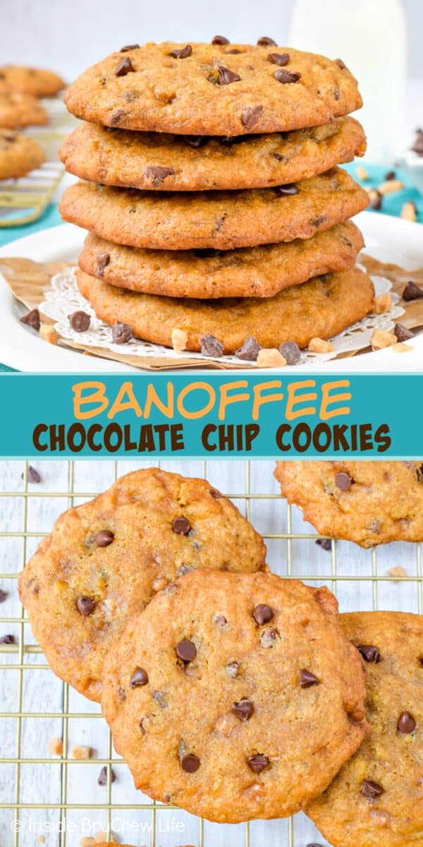 Two pictures of Banoffee Chocolate Chip Cookies collaged together with a teal text box