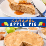 Two pictures of an apple pie collaged with a blue text box between them.