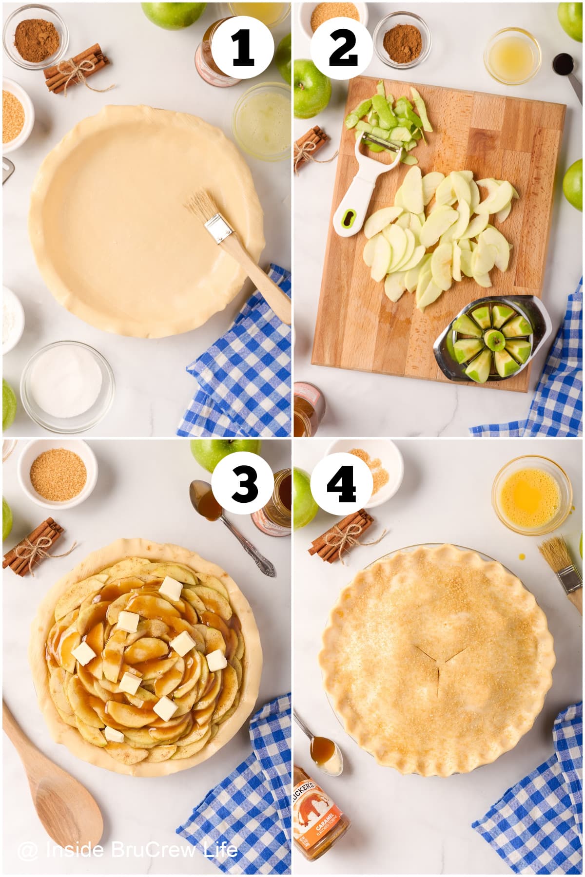 Four pictures showing the steps to making a caramel apple pie collaged together.