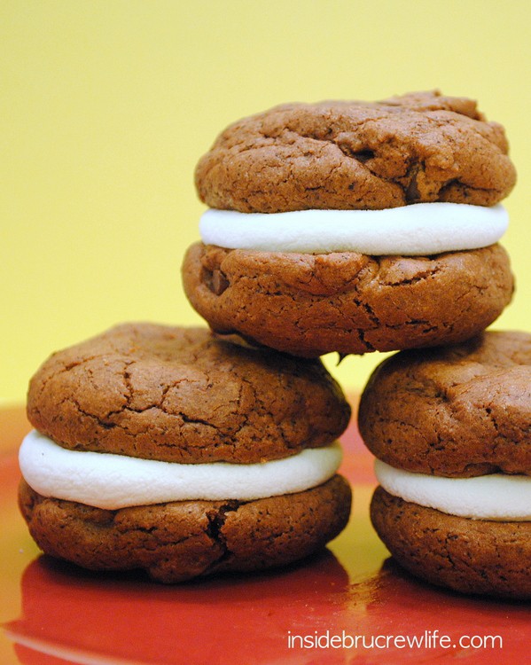 Chocolate espresso cookies filled with marshmallows to create a fun s'mores cookie.