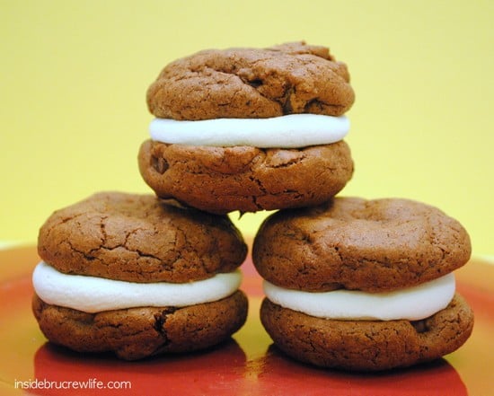 Chocolate espresso cookies filled with marshmallows to create a fun s'mores cookie.