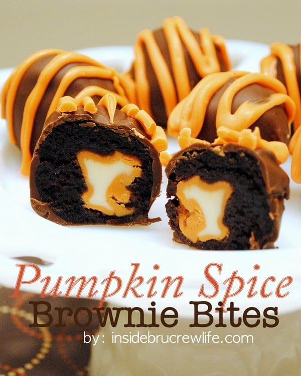 Pumpkin Spice Brownie Bites - pumpkin spice kisses wrapped in a brownie and dipped in chocolate  https://www.insidebrucrewlife.com