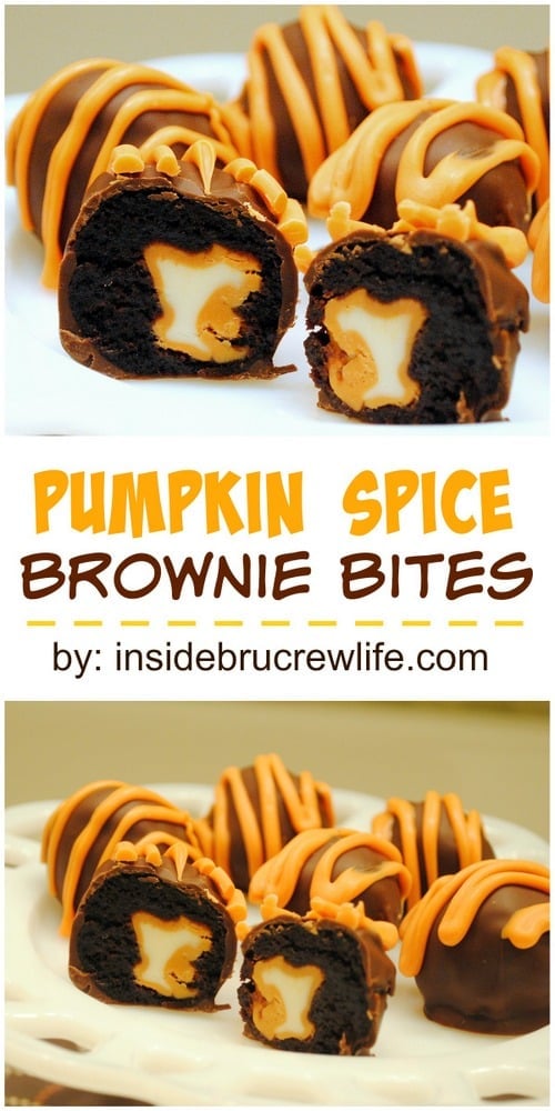 Pumpkin spice kisses wrapped in a brownie and dipped in chocolate for a fun and creative truffle.