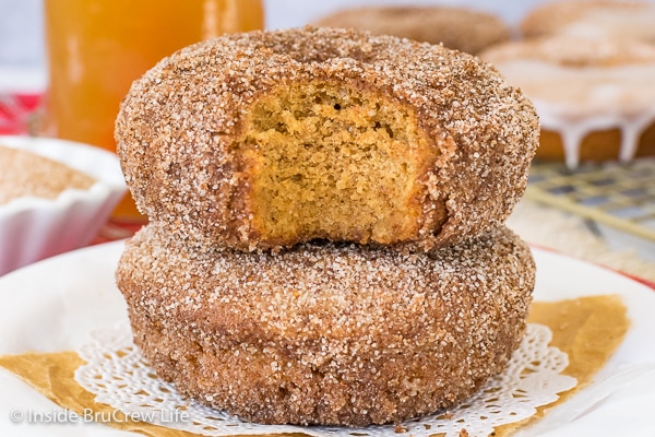 A close up of a two apple cider donuts stacked together with a bite out of the top donut