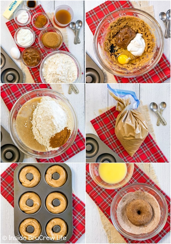 Six pictures collaged together showing how to make apple cider donuts