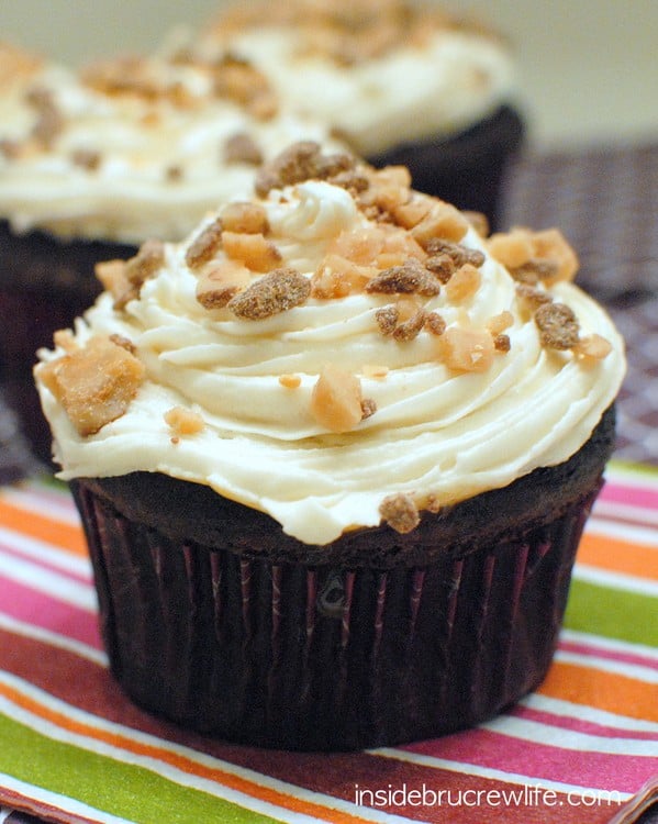 Chocolate Butterscotch Cupcakes - decadent chocolate cupcakes topped with butterscotch frosting and toffee bits