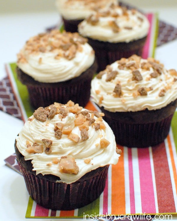 Chocolate Butterscotch Cupcakes - decadent chocolate cupcakes topped with butterscotch frosting and toffee bits