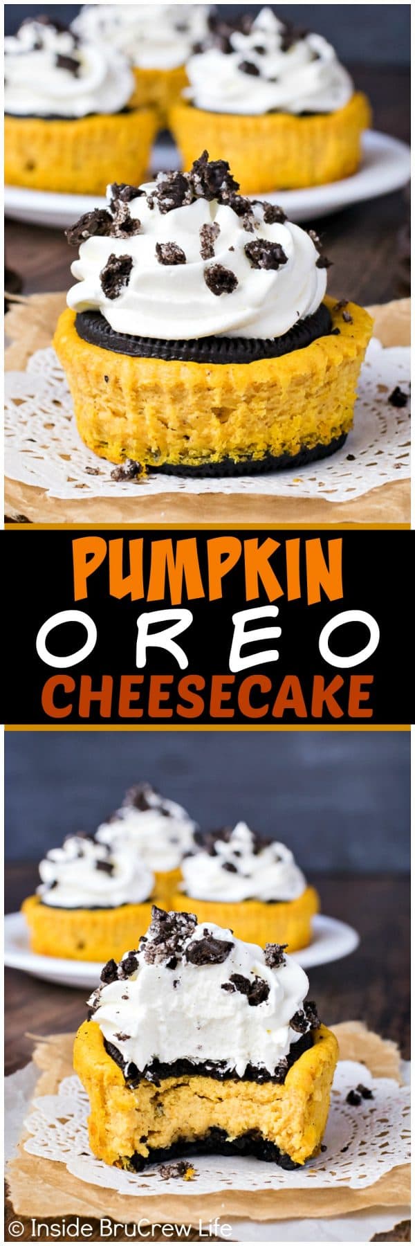 Two pictures of pumpkin oreo cheesecakes collaged together with a black text box