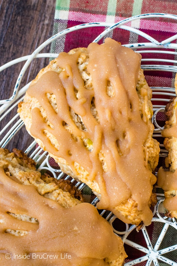 Overhead picture of a apple scone with caramel drizzle on top