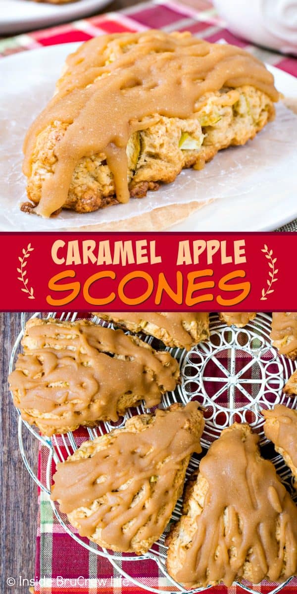 Two pictures of caramel apple scones collaged together with a red text box