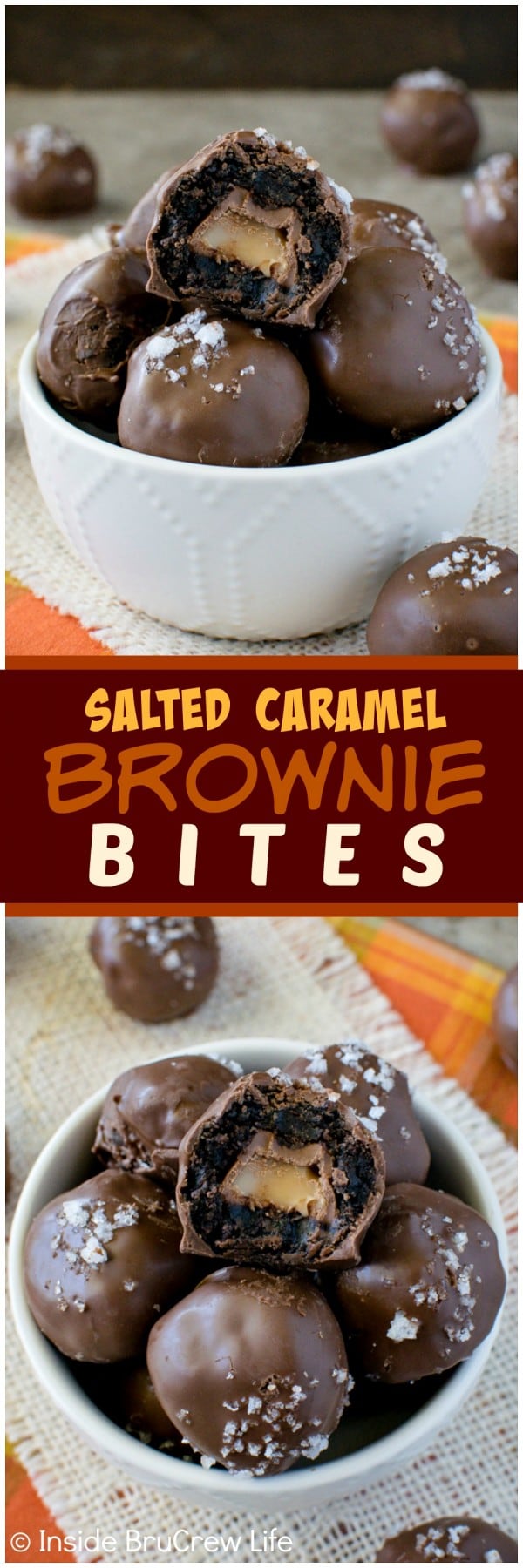 Two pictures of salted caramel brownie bites collaged together with a brown text box