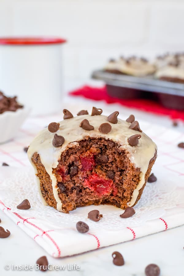 Cherry Mocha Chip Muffins - these easy mocha muffins are loaded with cherry chunks and chocolate chips. Try this recipe for breakfast or brunch! #muffins #mocha #cherry #breakfast #chocolate