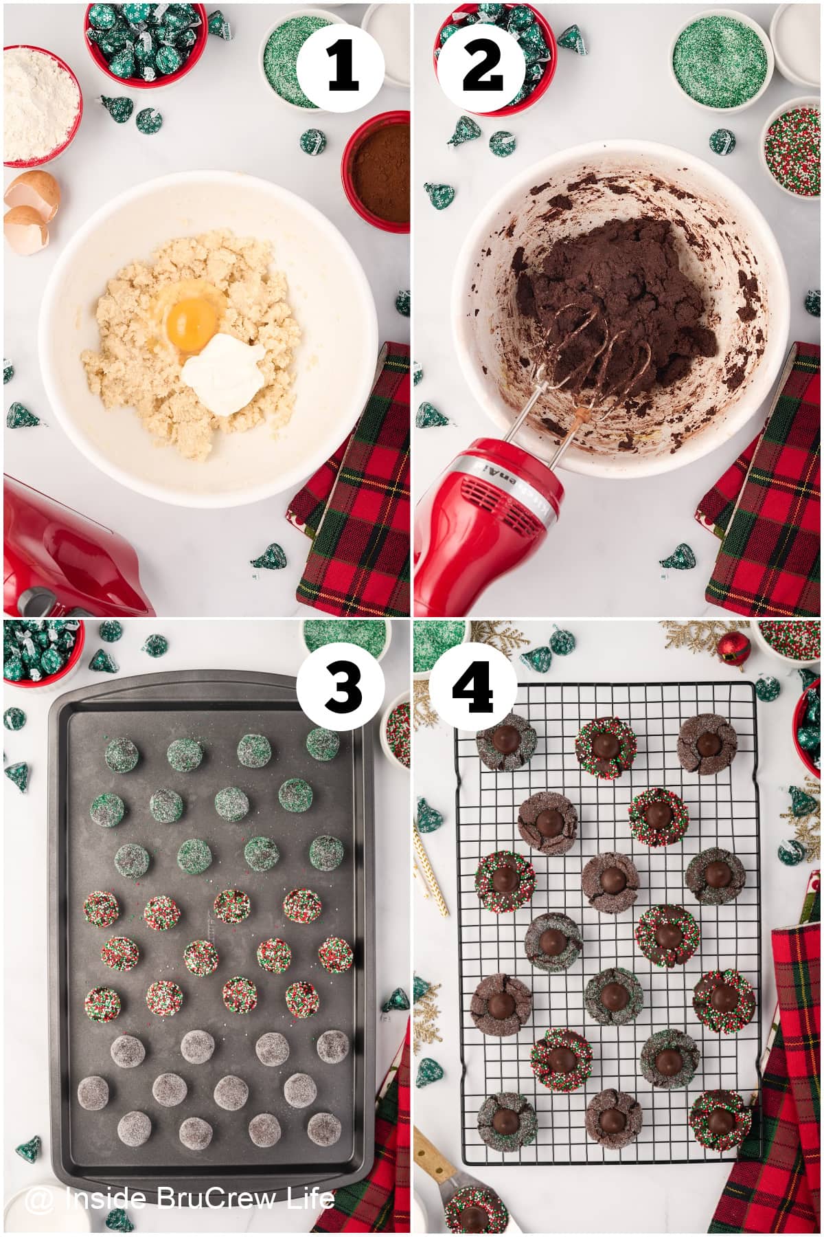 Four pictures collaged together showing how to make chocolate cookie dough.