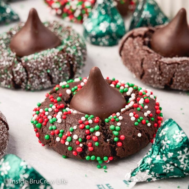Chocolate sprinkle cookies topped with chocolate kisses.