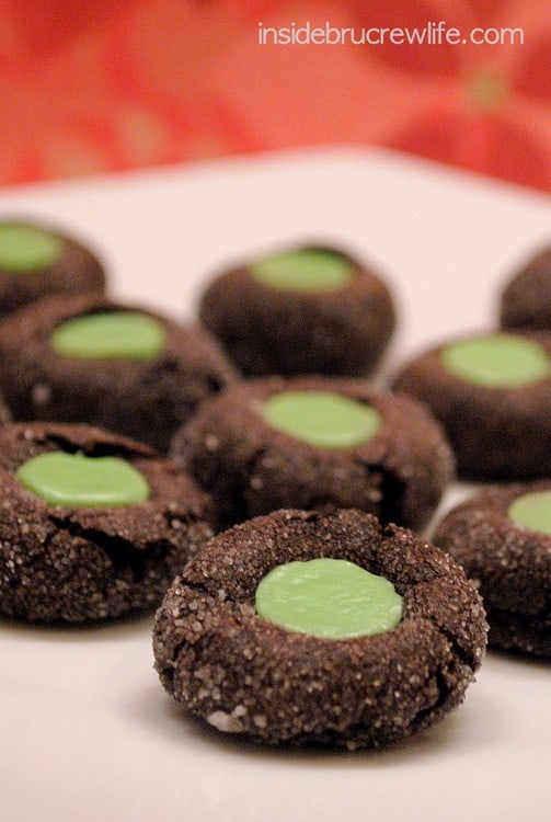 A plate full of chocolate cookies with an upside down green Hershey's kiss stuffed in them.