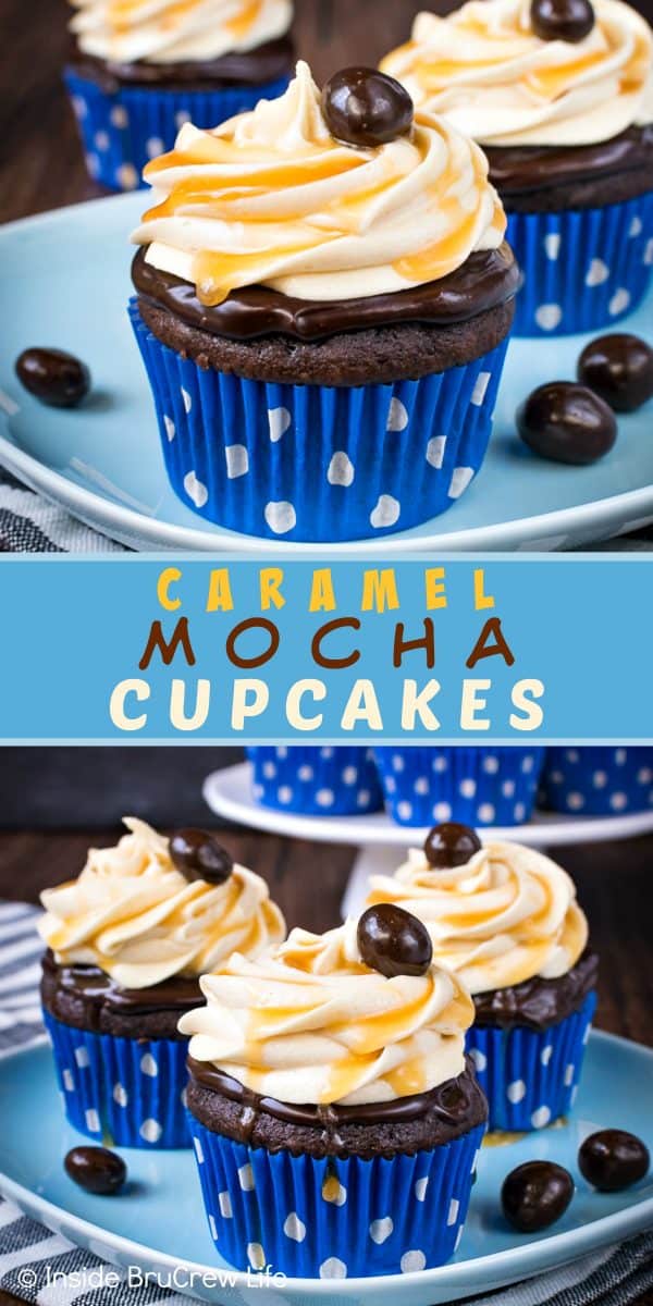 Caramel Mocha Cupcakes - the chocolate topping and caramel frosting swirls make these easy chocolate cupcakes look like they came from a bakery. Make this delicious recipe for all your parties and watch everyone devour them. #cupcakes #chocolate #caramel #mocha #dessert #easy #recipe