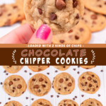 Two pictures of chocolate chipper cookies collaged with a brown text box.