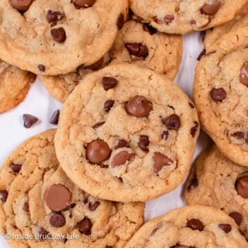 A pile of cookies with chocolate chips.